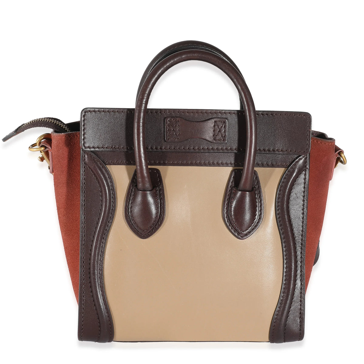 Nano Luggage Beige Burgundy Pre-Owned Suede Tri-Colour Celine Leather Brown