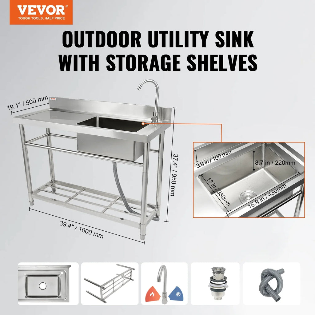 Sink 19.1 39.4 & in Utility Prep Commercial 37.4 Single w/Workbench BENTISM Bowl x x