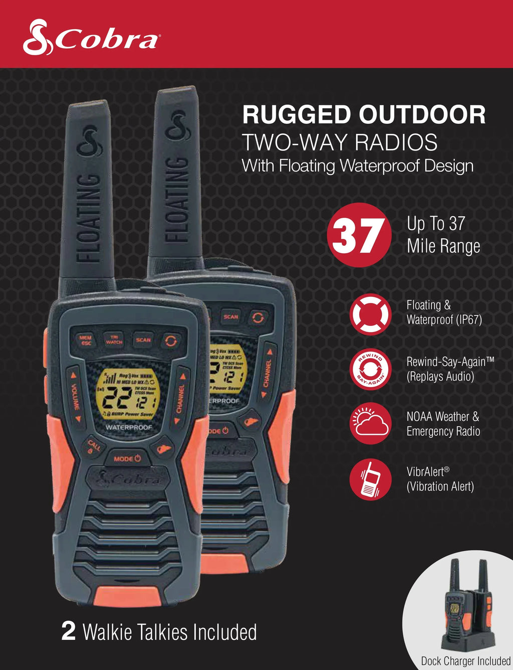 37-mile ACXT1037R-FLT Walkie (2-Pack) Cobra Floating, Talkies Two-Way Radios Rechargeable - Range