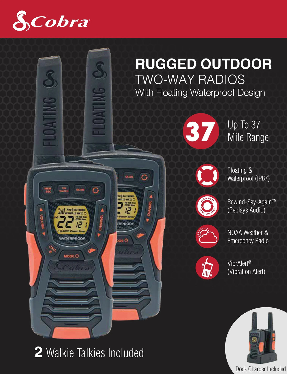 37-mile ACXT1037R-FLT Walkie (2-Pack) Cobra Floating, Talkies Two-Way Radios Rechargeable - Range