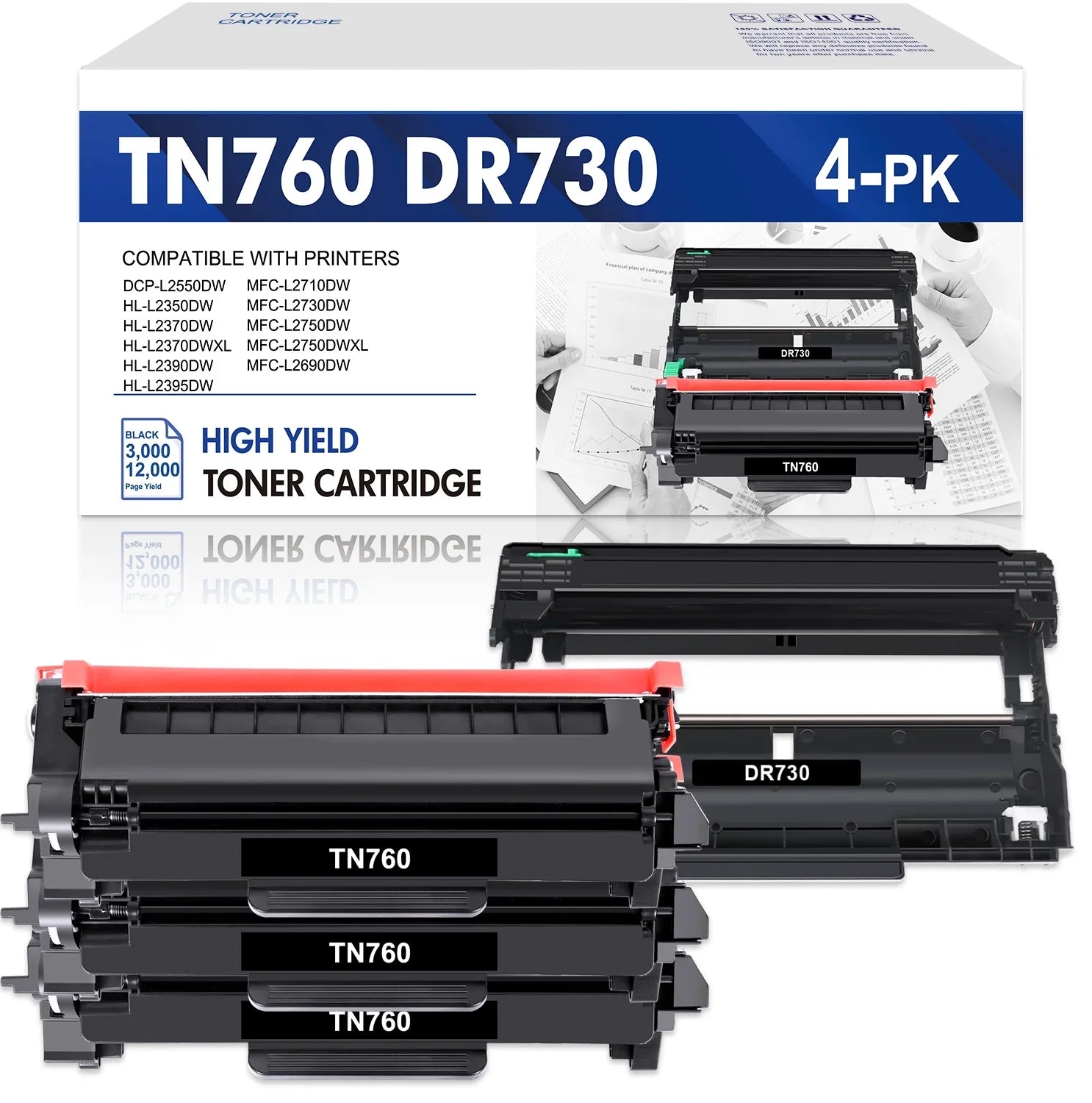 Set MFC-L2710DW DCP-L2550DW Cartridge Toner TN-760 1x ) Unit Compatible Toner, MFC-L2690DW Drum TN760 Unit (3x DR730 Brother Drum DR-730 for Printer and HL-L2350DW