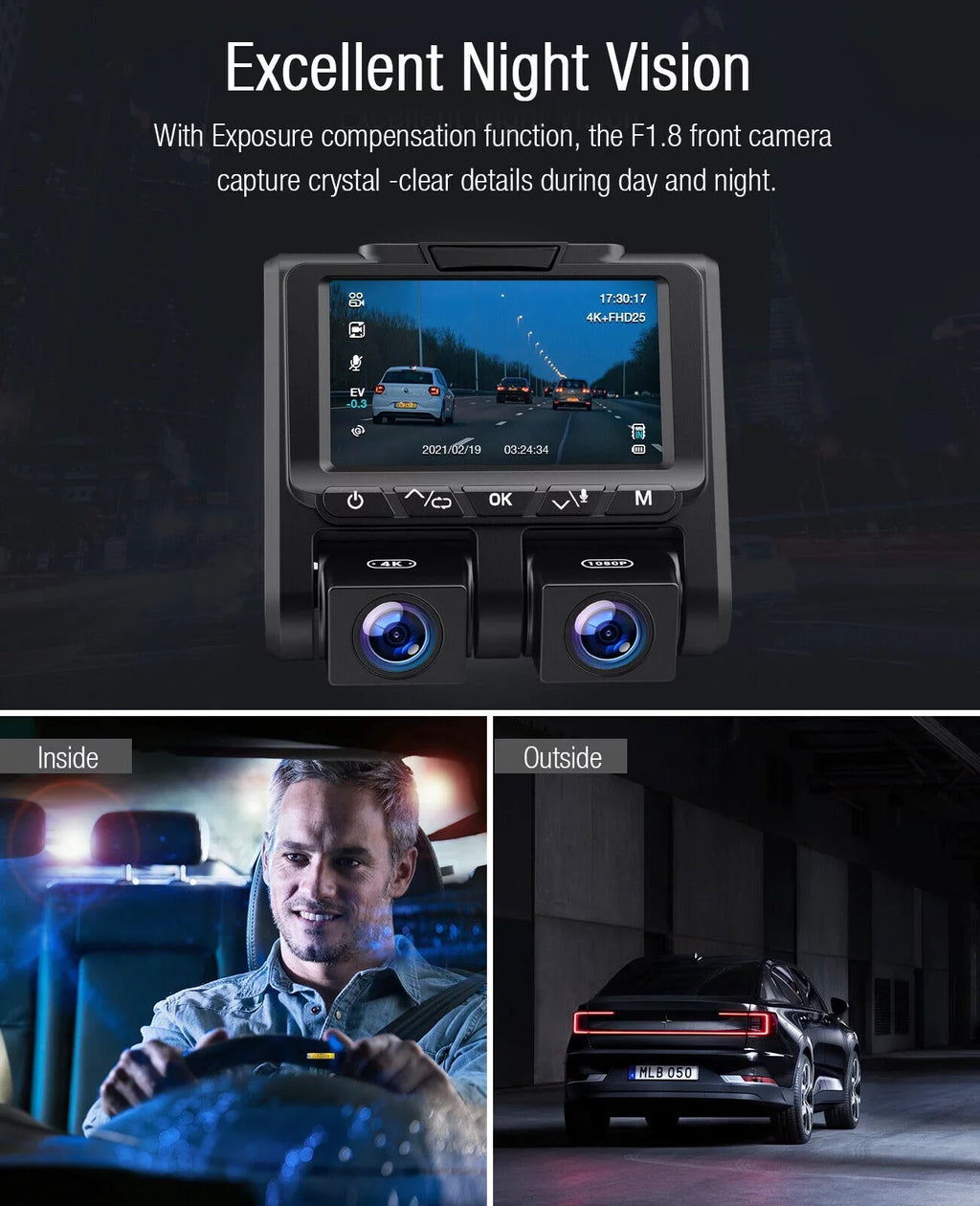 3" Dash Screen Loop G-Sensor and Dash Front Camera 4K Mode Cam Camera 4K+1080P Parking TOGUARD Recording LCD Car Inside
