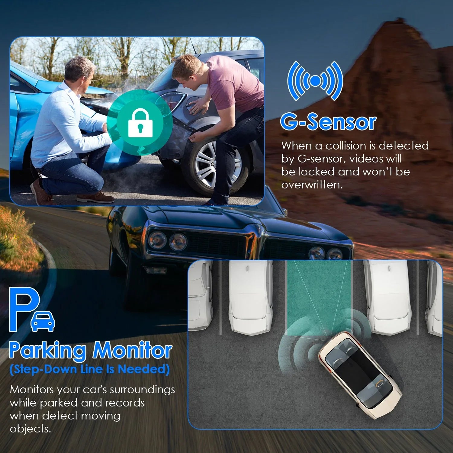 Motion G-Sensor Vehicle Cam, Night Dash Driving Car Detection DVR Universal Vision iMounTEK with Lens Monitor Parking Control GPS Recorder, WiFi APP 1080P Dual