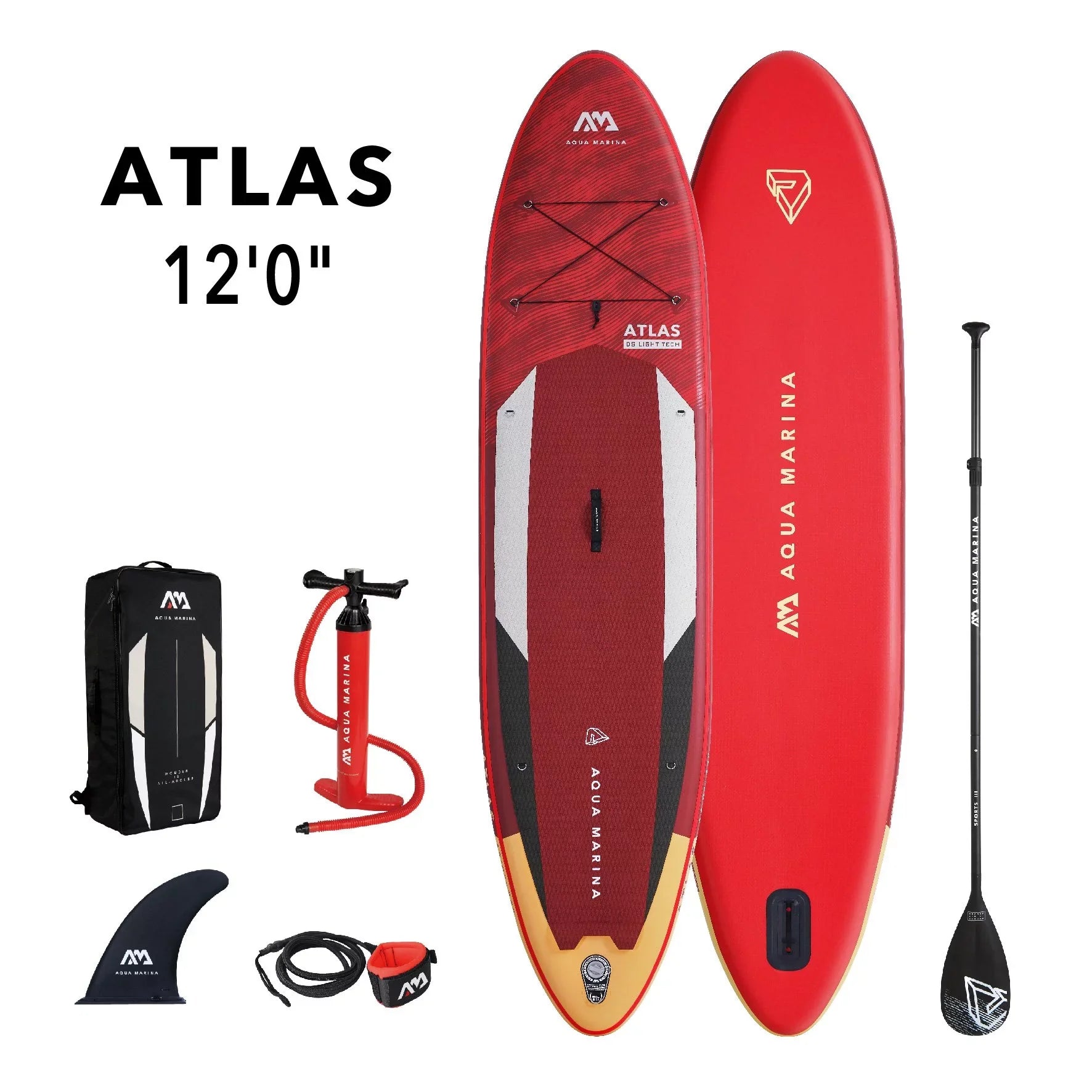ATLAS - Fin, Paddle 12'0" Pump Aqua Up Harness Bag, Paddle, SUP Package, Stand - Safety & Carry Inflatable Board including Marina