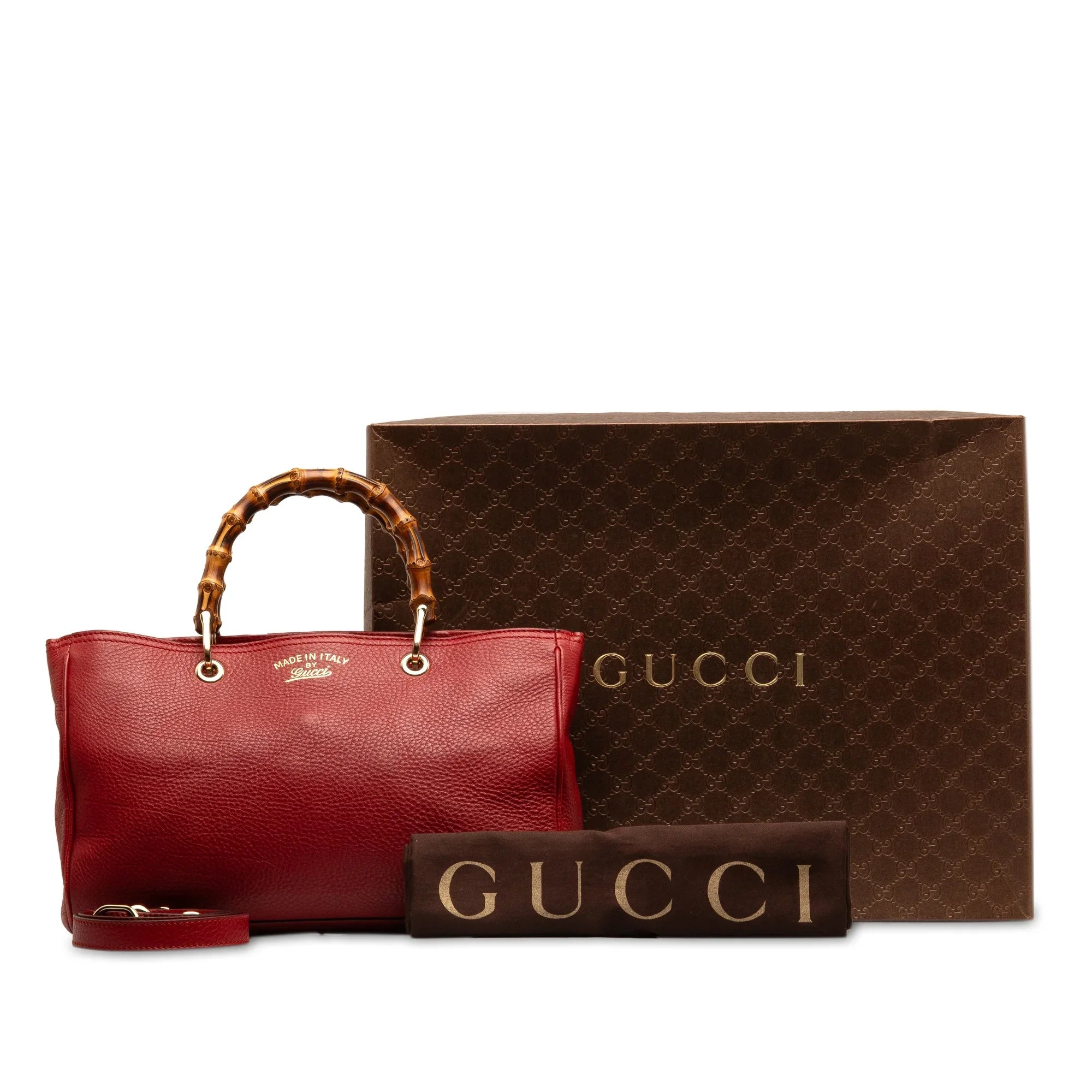 Leather Gucci Calf Authenticated Satchel Shopper Pre-Owned (Good) Unisex Red Medium Bamboo