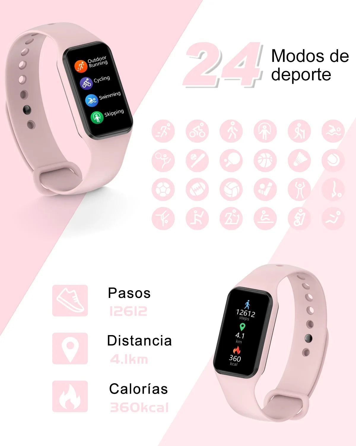 Android with Inch Sports Modes Pedometer, for iOS,Pink Smart Waterproof, Screen,with Fitness , 1.47 HD and Tracker Calorie Compatible Watch IP68 Men Women - 24