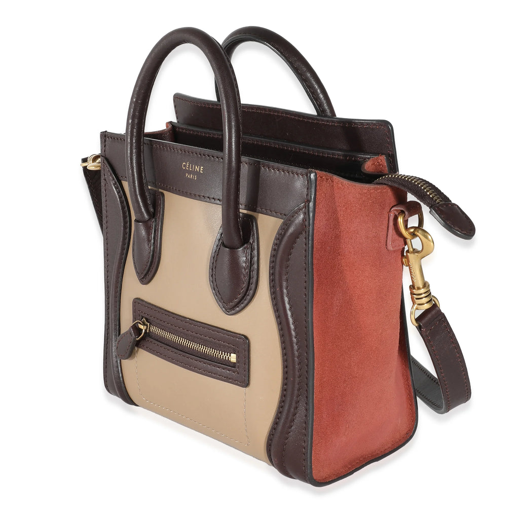 Nano Luggage Beige Burgundy Pre-Owned Suede Tri-Colour Celine Leather Brown