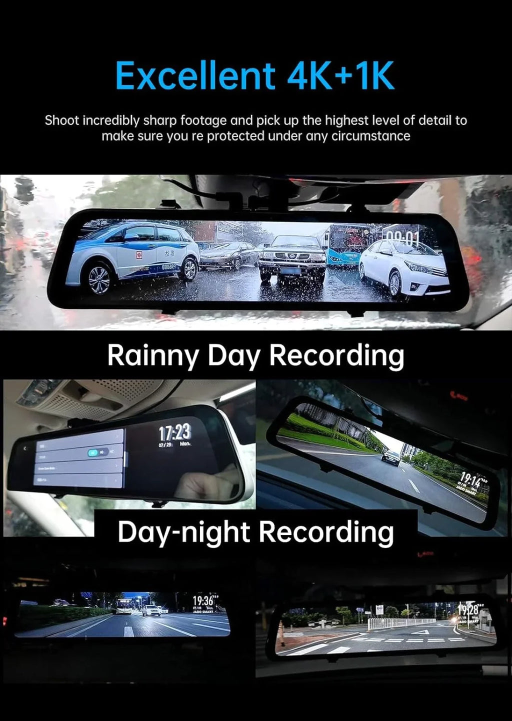 Front Camera 64GB and JOMISE 2160P View K17 Cam 12" Rear Mirror Card HD Assistante GPS Parking Vision Night Ultra 4K Dash Rear