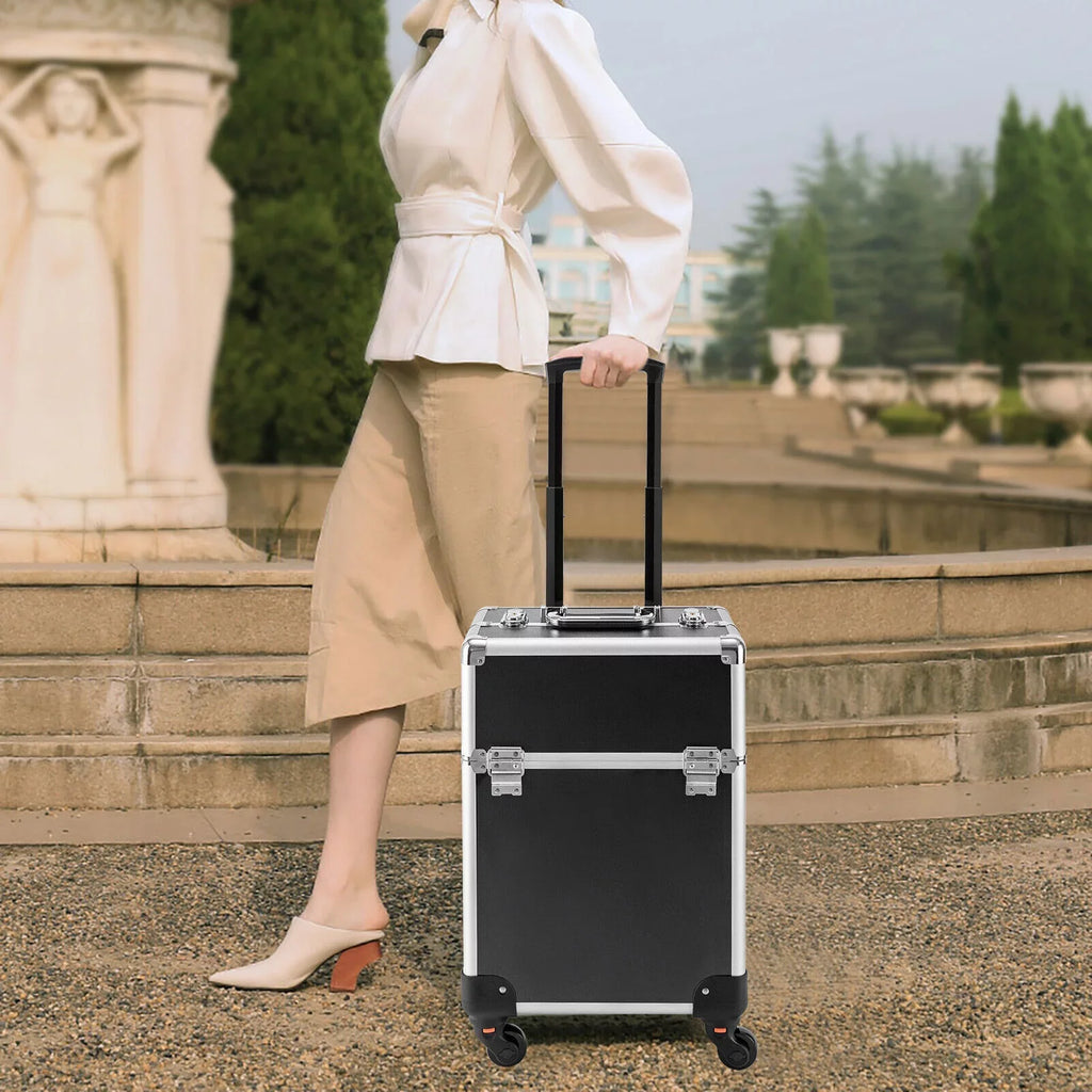 Rolling Cosmetic Case Beauty Hairdresser Wheels Organizer Tool Barber Salon Trunk Train Luggage (Black) Case Trolley, Box Makeup Nail Lockable Stylist Travel Swivel Cart with