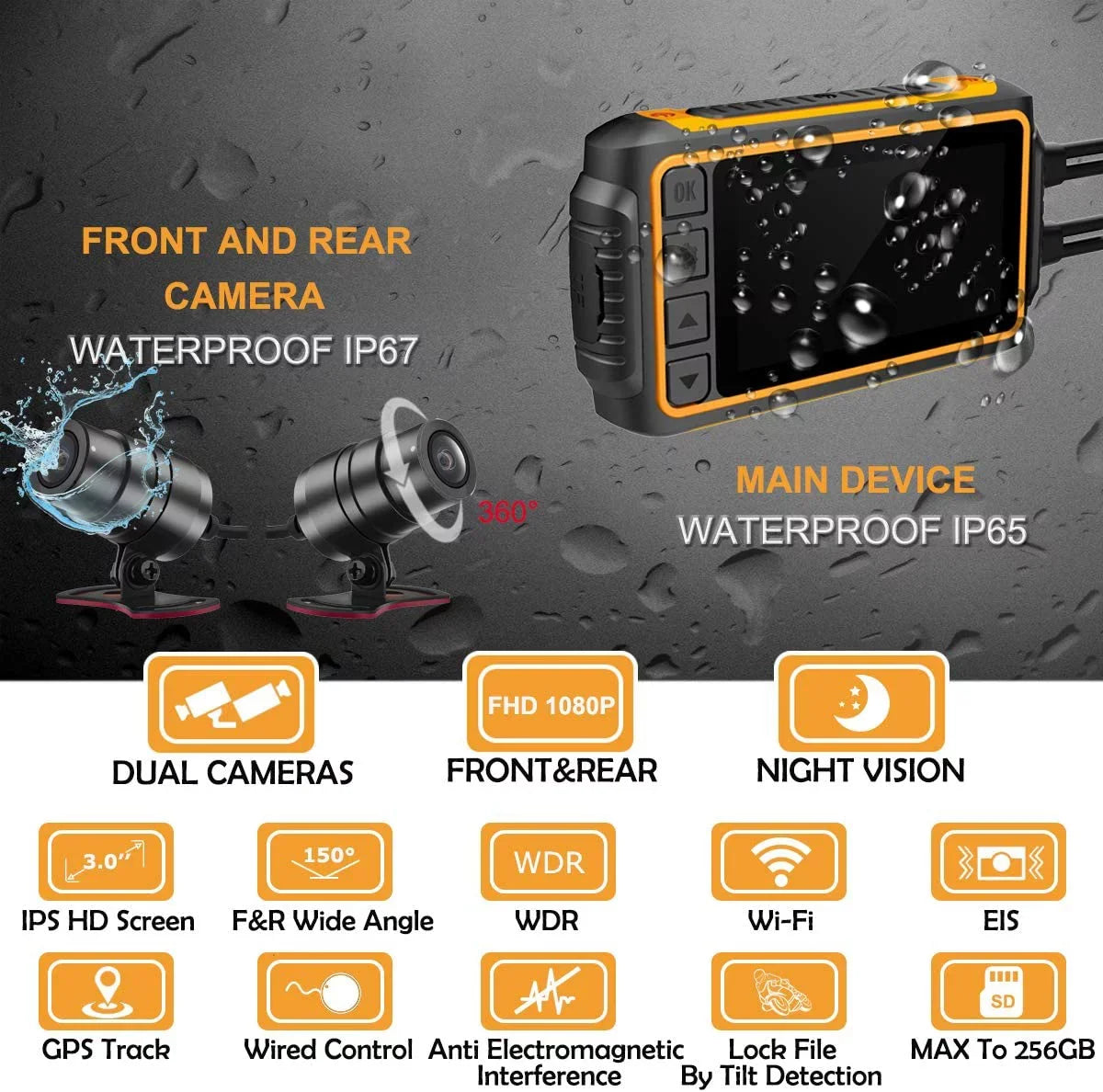 Waterproof Wide LCD GPS, Recording and Lens Waterproof Angle Motorcycle, with ZOMFOM 150° Dash for Camera up Max Wired G-Sensor, Rear 1080P Cam EIS to 256GB Wi-Fi, 3'' and FHD Control, Front
