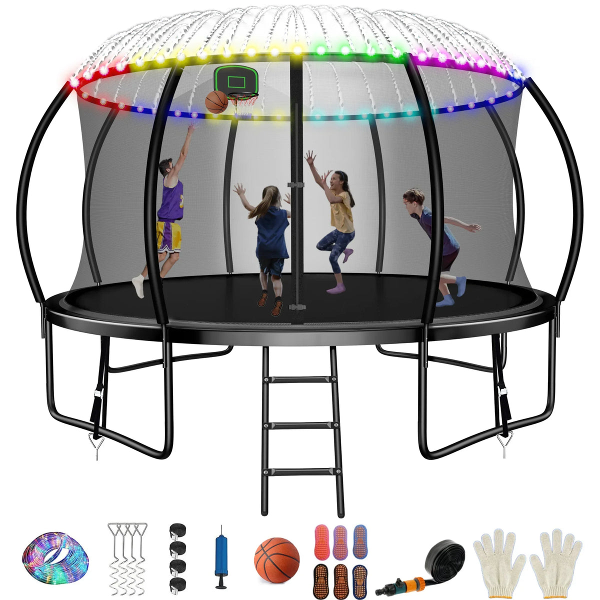 with Recreational Trampoline Trampoline for Kids for Kids,Pumpkin Outdoor Trampoline Hoop Basketball 12FT FIZITI with 990LBS Backyard 4-6 Enclosure Net,Sprinkler,Light,Socks,Ladder, Capacity