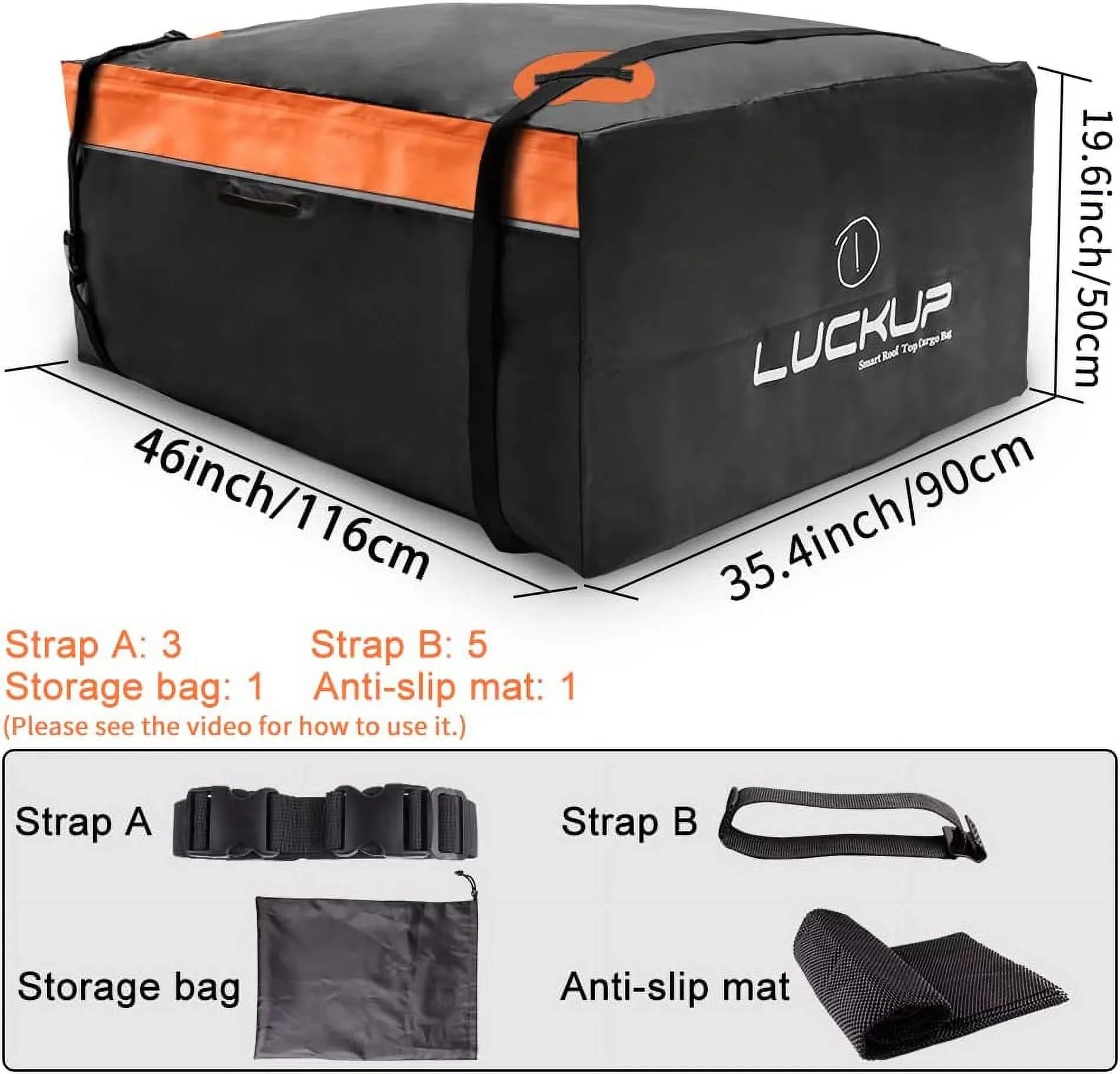 LUCKUP Buckles, Compatible Car Box, Roof Bag,18.5 Heavy Mat, Duty Rooftop All for and Car & Rack (Black Ft Orange) Wide Straps Anti-Slip &Durable Models Waterproof with Cubic Cargo Carrier