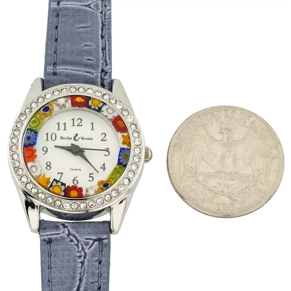 And With GlassOfVenice Blue Light Glass Millefiori Watch Murano Leather Band - Crystals