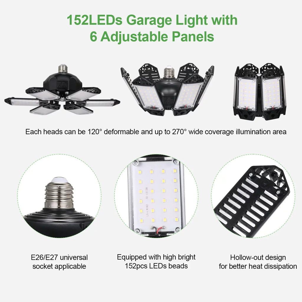 6 Garage Garage Workshop 160W Holder Adjustable Kit with Base Panels 2PCS for Folding Ceiling 152LEDs Socket Gym C85-265V Light Foldable Basement Neoglint Lamp E26/E27 Deformable A Warehouse