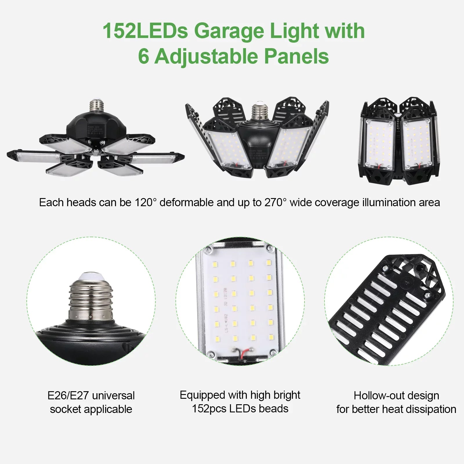 6 Garage Garage Workshop 160W Holder Adjustable Kit with Base Panels 2PCS for Folding Ceiling 152LEDs Socket Gym C85-265V Light Foldable Basement Neoglint Lamp E26/E27 Deformable A Warehouse