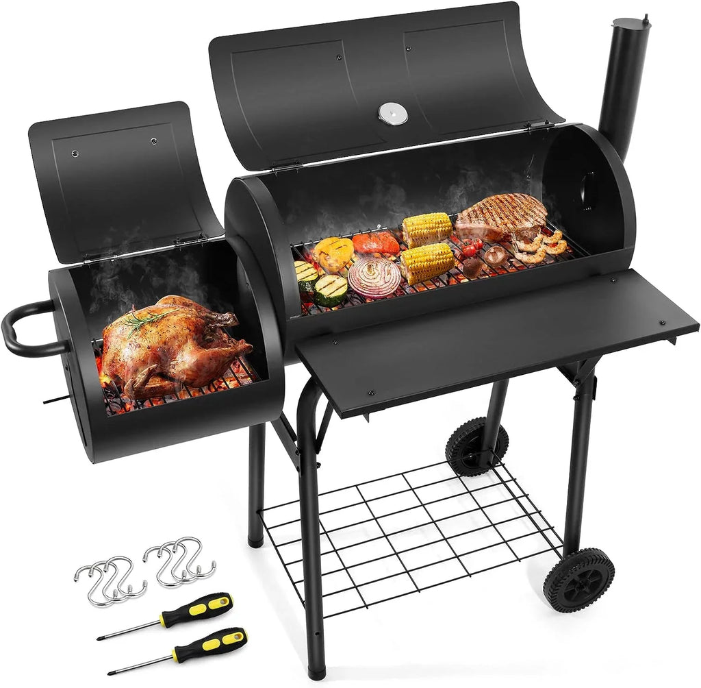 Party Picnic, 2 Offset Camping 6 Area, Grill, Charcoal & Grill 420.SQ.IN Smoker, for Large with Barbecue BBQ Black Grill Barrel Screwdrivers Backyard Hooks Garden Cooking Patio Outdoor -