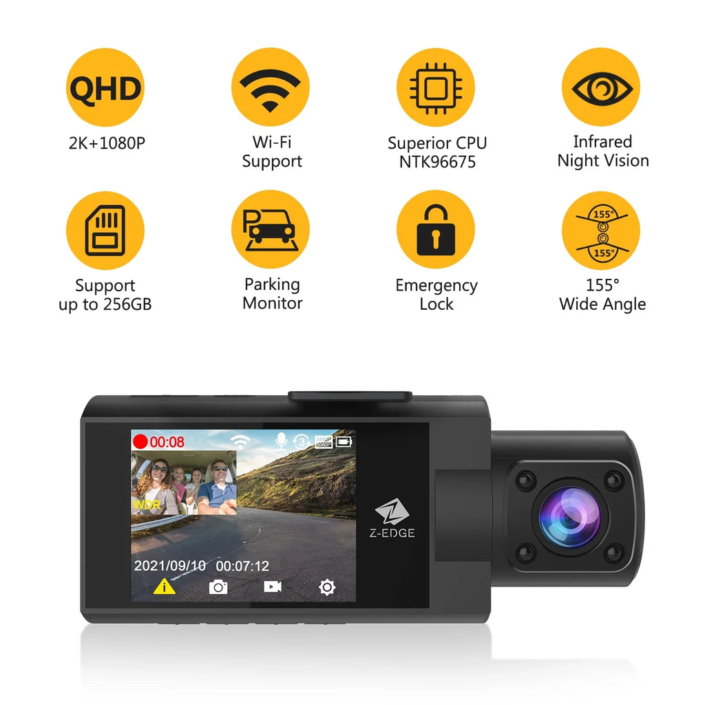 WiFi Version Dual Inside 2K+1080P Dash Cam, Z3Pro Z-Edge New Dash and Front Cam
