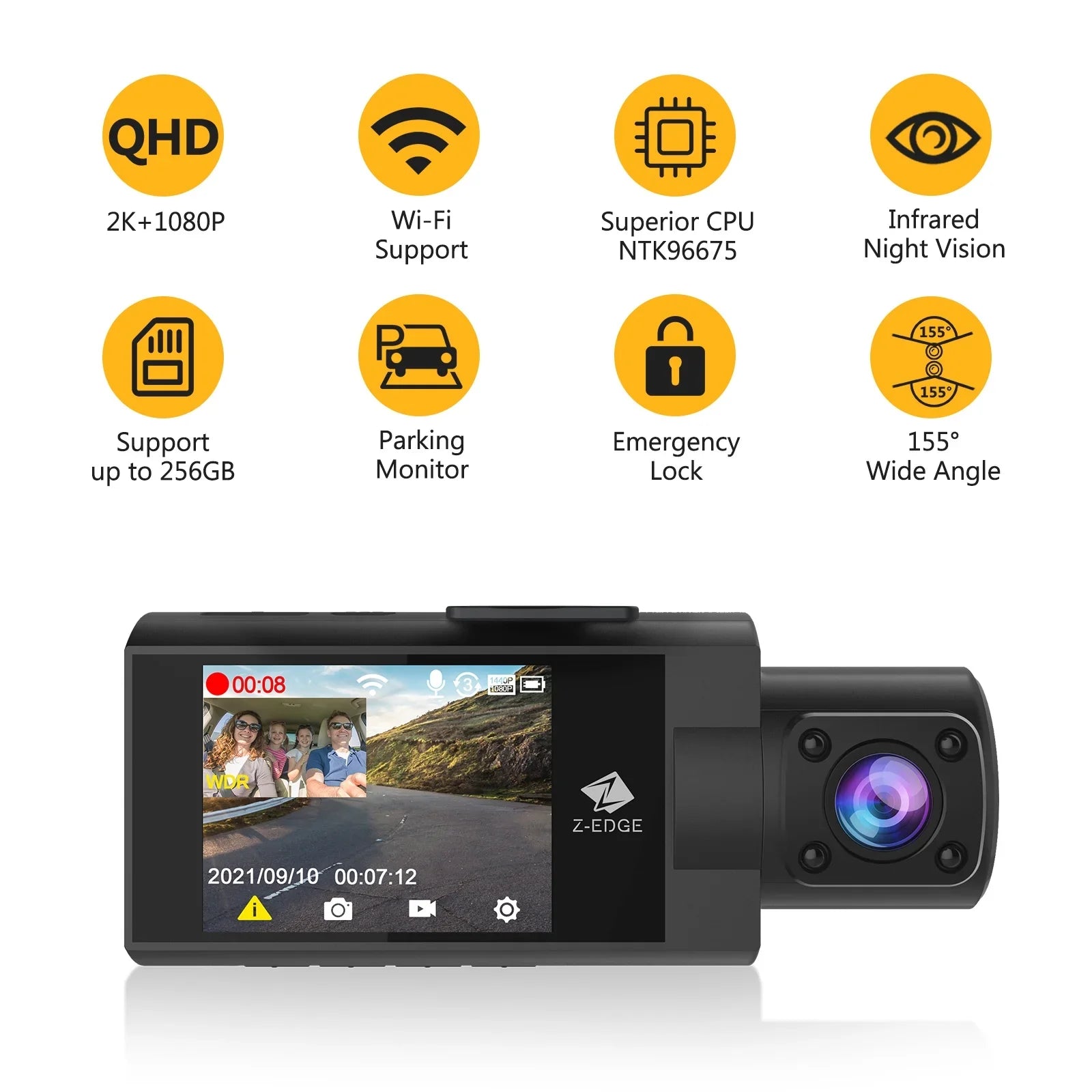 WiFi Version Dual Inside 2K+1080P Dash Cam, Z3Pro Z-Edge New Dash and Front Cam