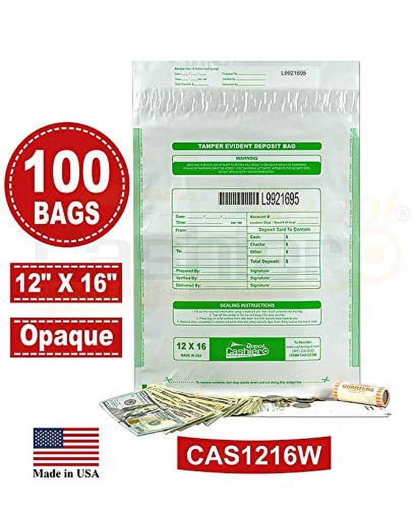 Tape Void Seal Bags, Depot Barcode, 16" & Closure White, Tamper Press (100 x Deposit Evident Bags) Serialized Numbering, Cashier 12"