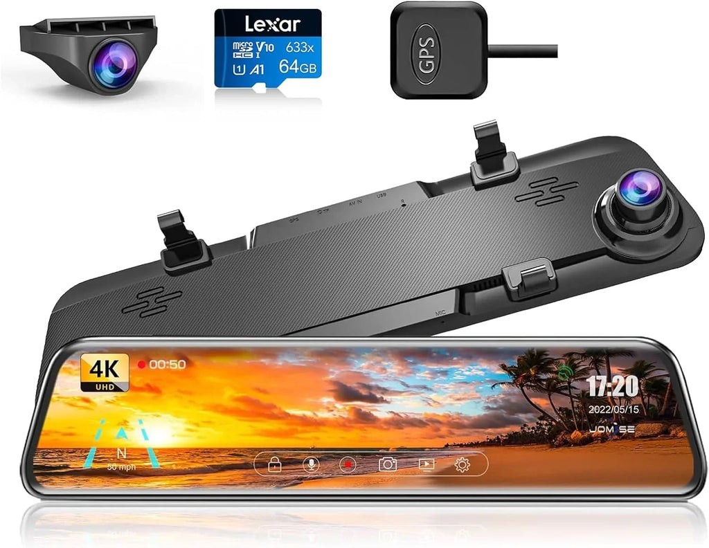 Front Camera 64GB and JOMISE 2160P View K17 Cam 12" Rear Mirror Card HD Assistante GPS Parking Vision Night Ultra 4K Dash Rear