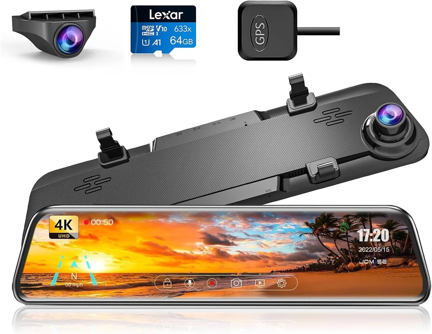 Front Camera 64GB and JOMISE 2160P View K17 Cam 12" Rear Mirror Card HD Assistante GPS Parking Vision Night Ultra 4K Dash Rear
