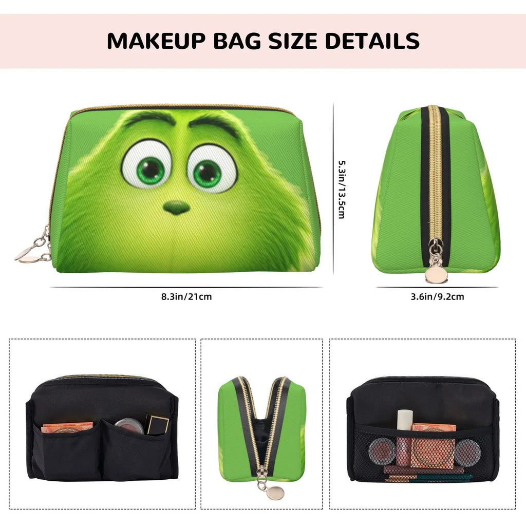 Green Bag Travel Cosmetic Organizer Portable Grinch Leather Makeup Purse Pouch Gift Bag Toiletry Storage