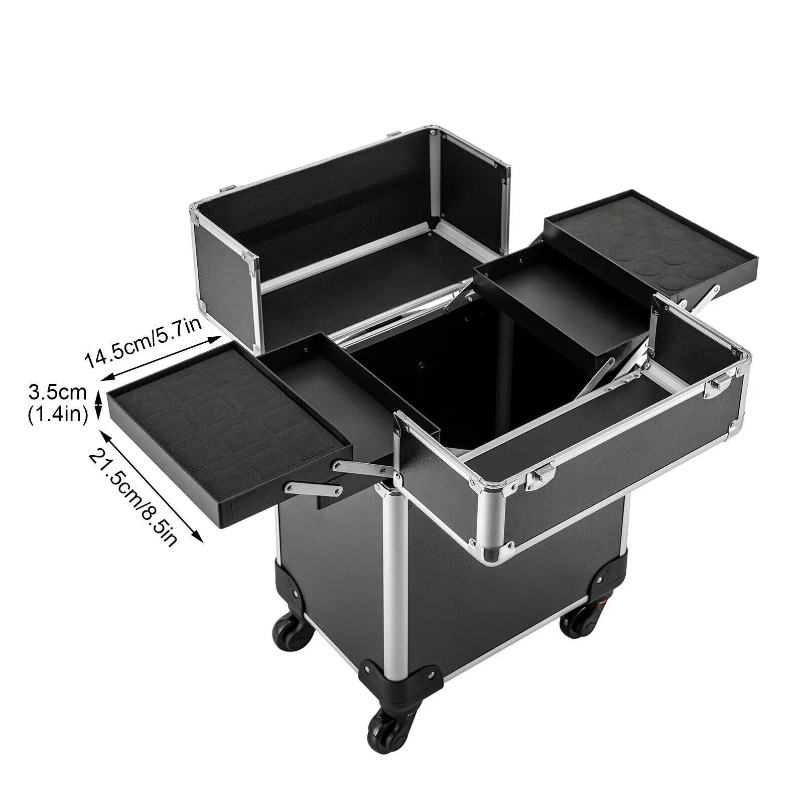 Rolling Cosmetic Case Beauty Hairdresser Wheels Organizer Tool Barber Salon Trunk Train Luggage (Black) Case Trolley, Box Makeup Nail Lockable Stylist Travel Swivel Cart with