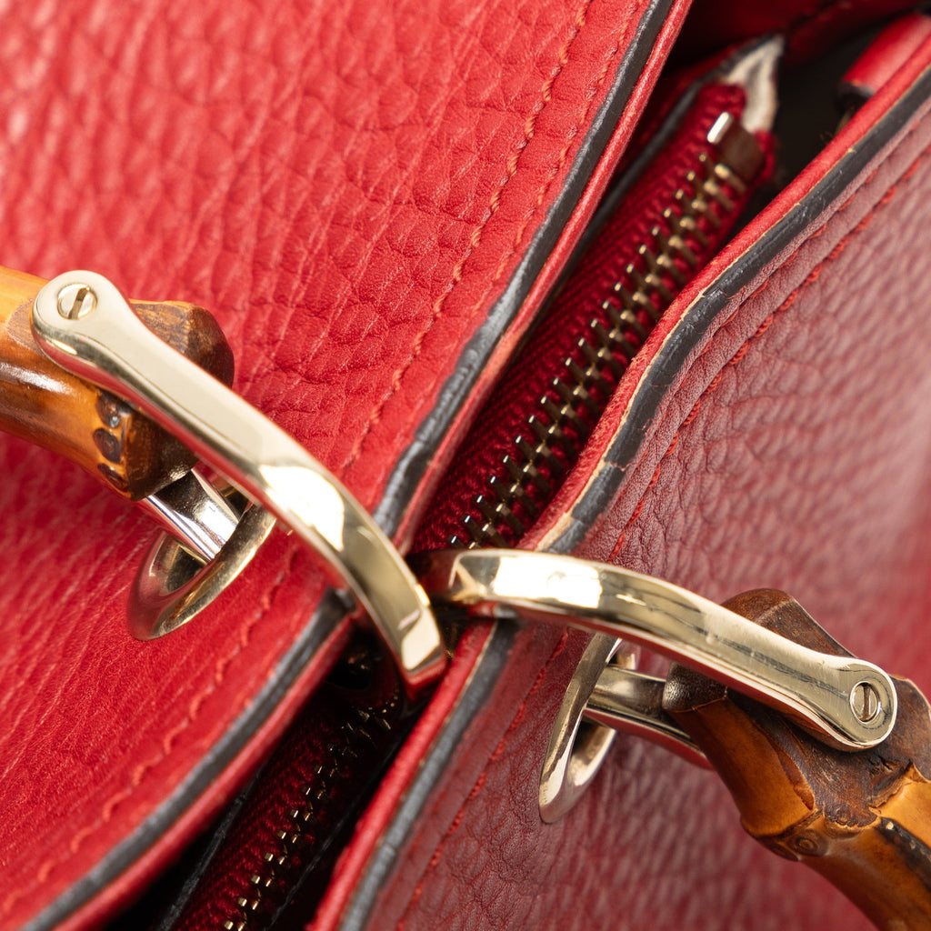 Leather Gucci Calf Authenticated Satchel Shopper Pre-Owned (Good) Unisex Red Medium Bamboo