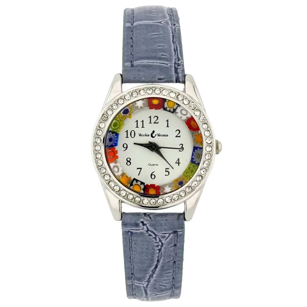 And With GlassOfVenice Blue Light Glass Millefiori Watch Murano Leather Band - Crystals