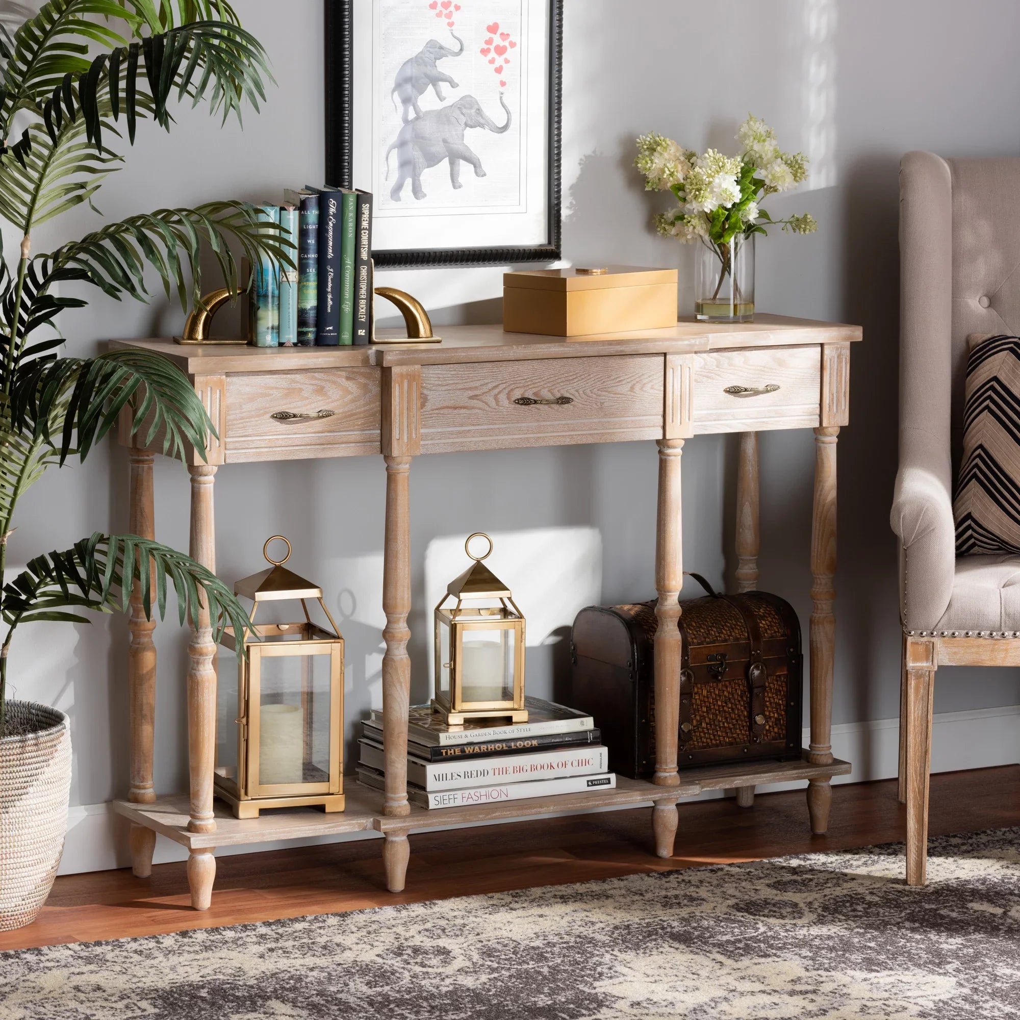 Rustic Wood Studio Brown 3-Drawer Console Traditional Baxton French Whitewashed Oak Table Classic Provincial Hallan and Finished