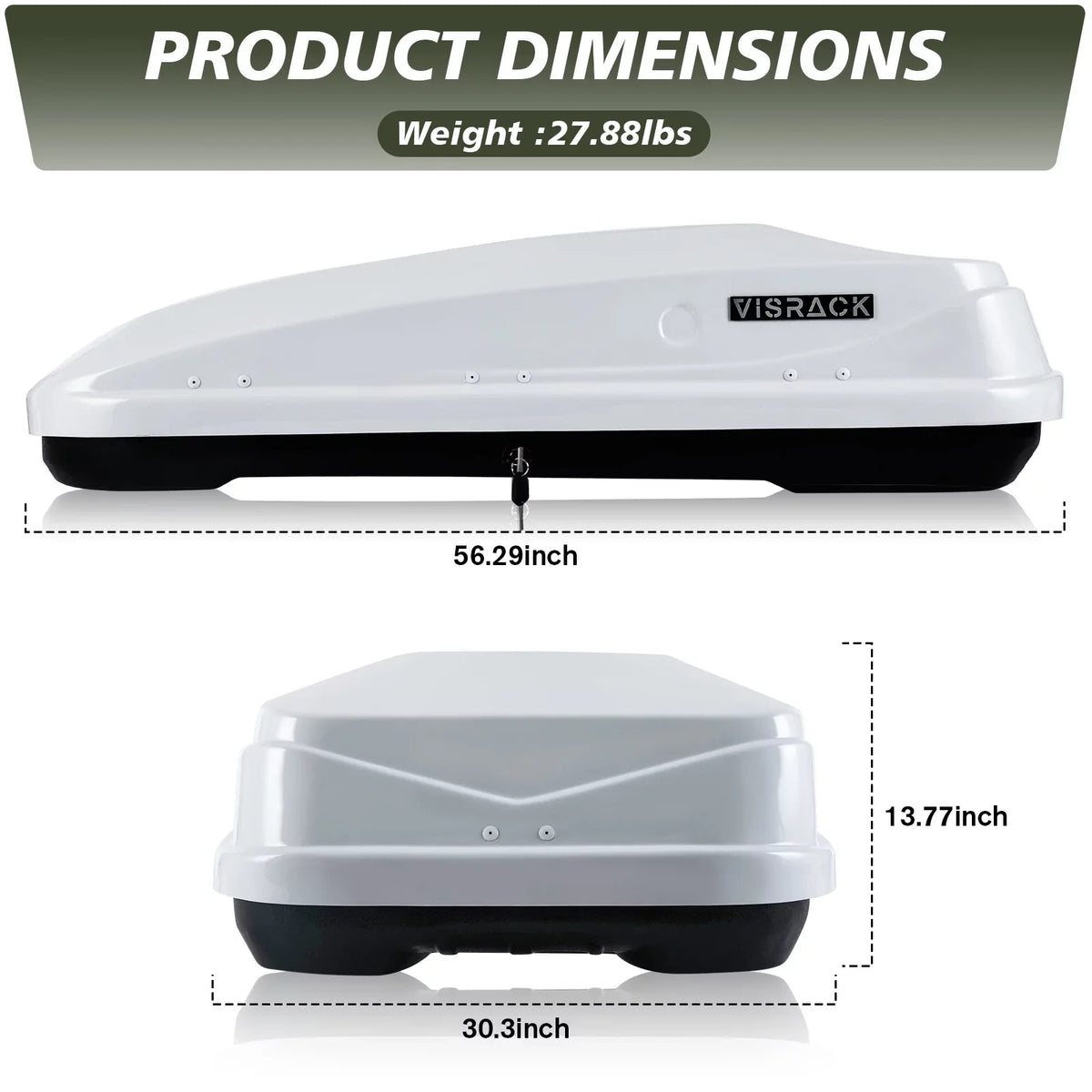 Carrier Cargo for Large 13.8" x Cargo L Hard x Box Rooftop 13 Shell Box Rooftop Double SUV White Locks, W Waterproof ft³ H, Rooftop Cargo 30.3" with 56.3"
