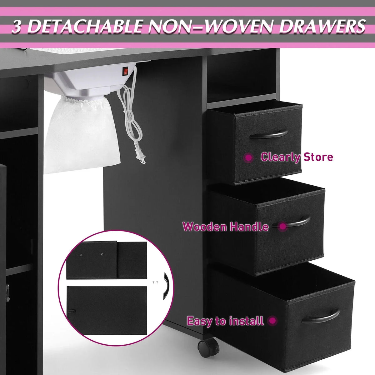 Nail Beauty Station Artist Table Desk Hand Wrist with Electric Cushion, Drawers, Wheels, Shelves Lockable Black Downdraft Manicure Vent,