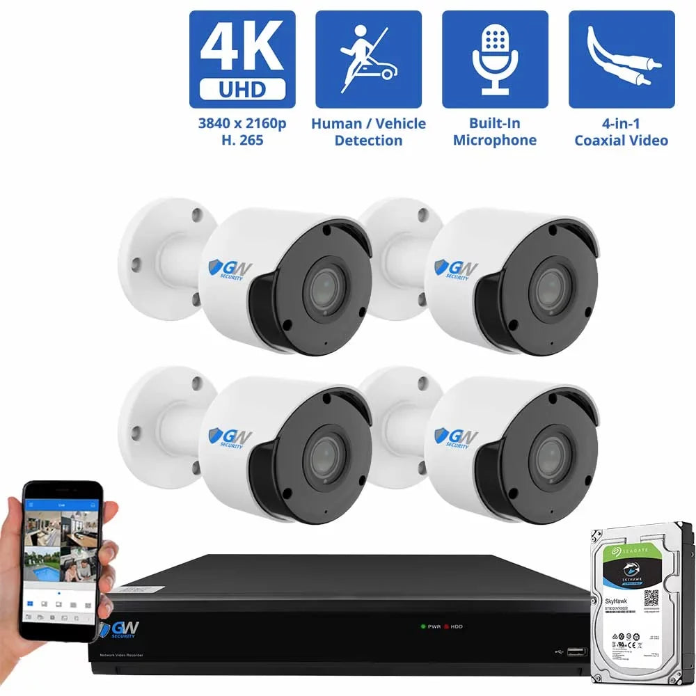 Hard Smart AI Outdoor Alert Detection, Playback, CCTV Drive Home 4 Security 3840TVL Face/Human/Vehicle System 4K GW Cameras, Microphone and & with Camera x Channel AI 8MP 1TB DVR 8MP 8 Security