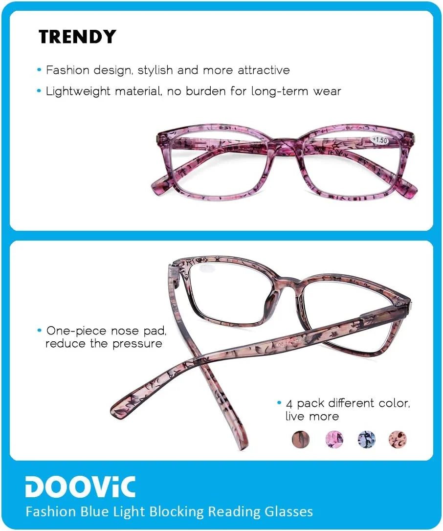 for Pack Blocking Glasses Women 4 Spring Stylish Blue Hinge Computer Strength Light Anti Reading Readers 3.00 DOOViC Eyestrain