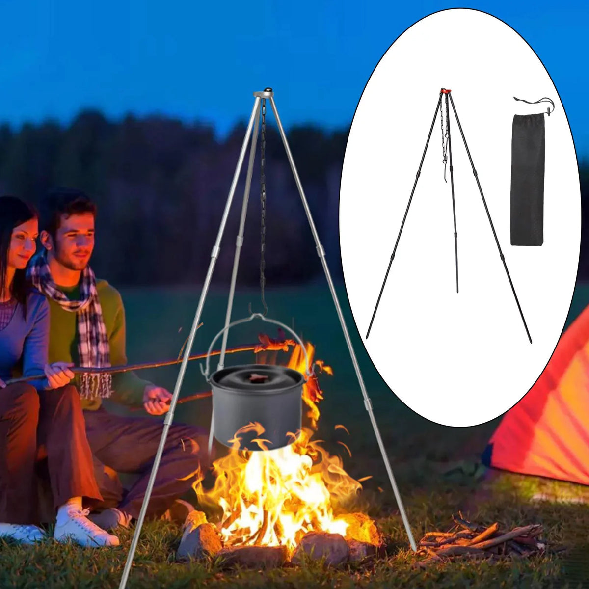 Accessory Tripod Cooking with ing Adjustable Stand Outdoor Grill , Portable Campfire Black Tripod, Pot Camping Aluminum Picnic Cookware