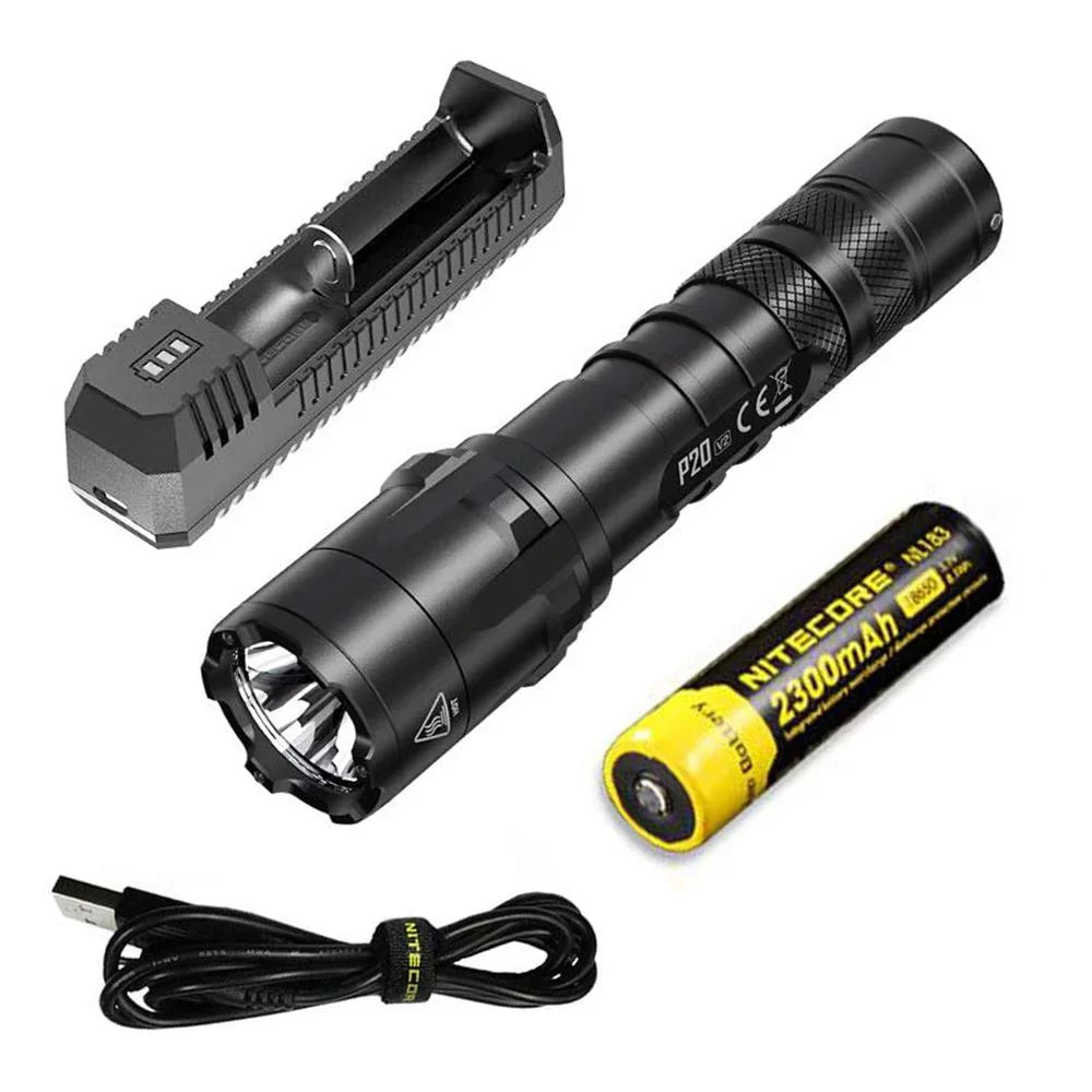 Tactical 1100 LED - Flashlight Battery, V2 XP-L2 P20 CREE Cord Lumens - USB w/NL183 Nitecore Charger Combo: V6 +Free Eco-Sensa UI1
