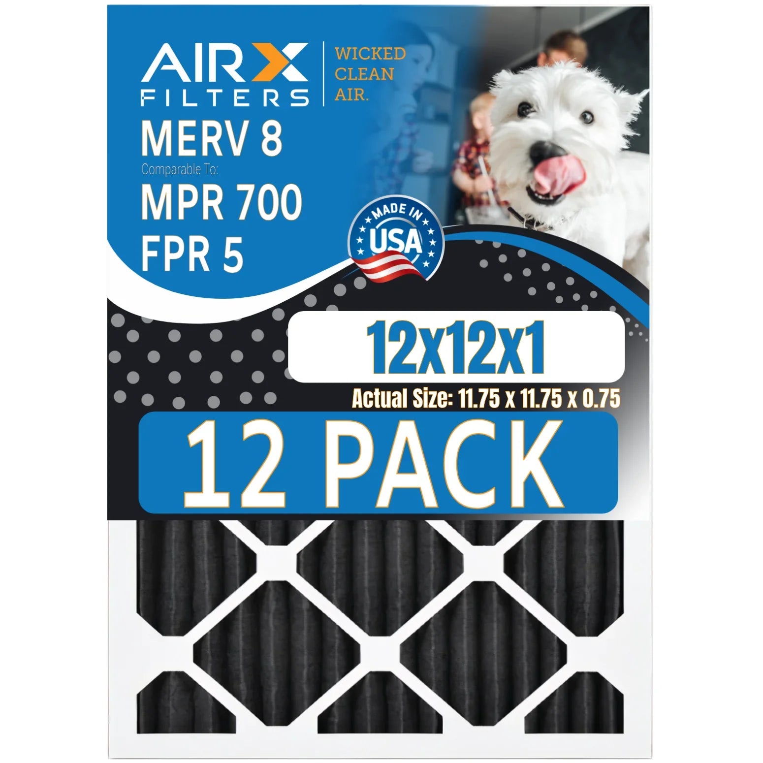 Odor Filters Retention CLEAN Air Furnace Made AIR. Rating, FILTERS 5, 12 12x12x1 Pet MERV Filters WICKED 700, to USA Pack by 8 MPR AIRX of Filter FPR Comparable in -