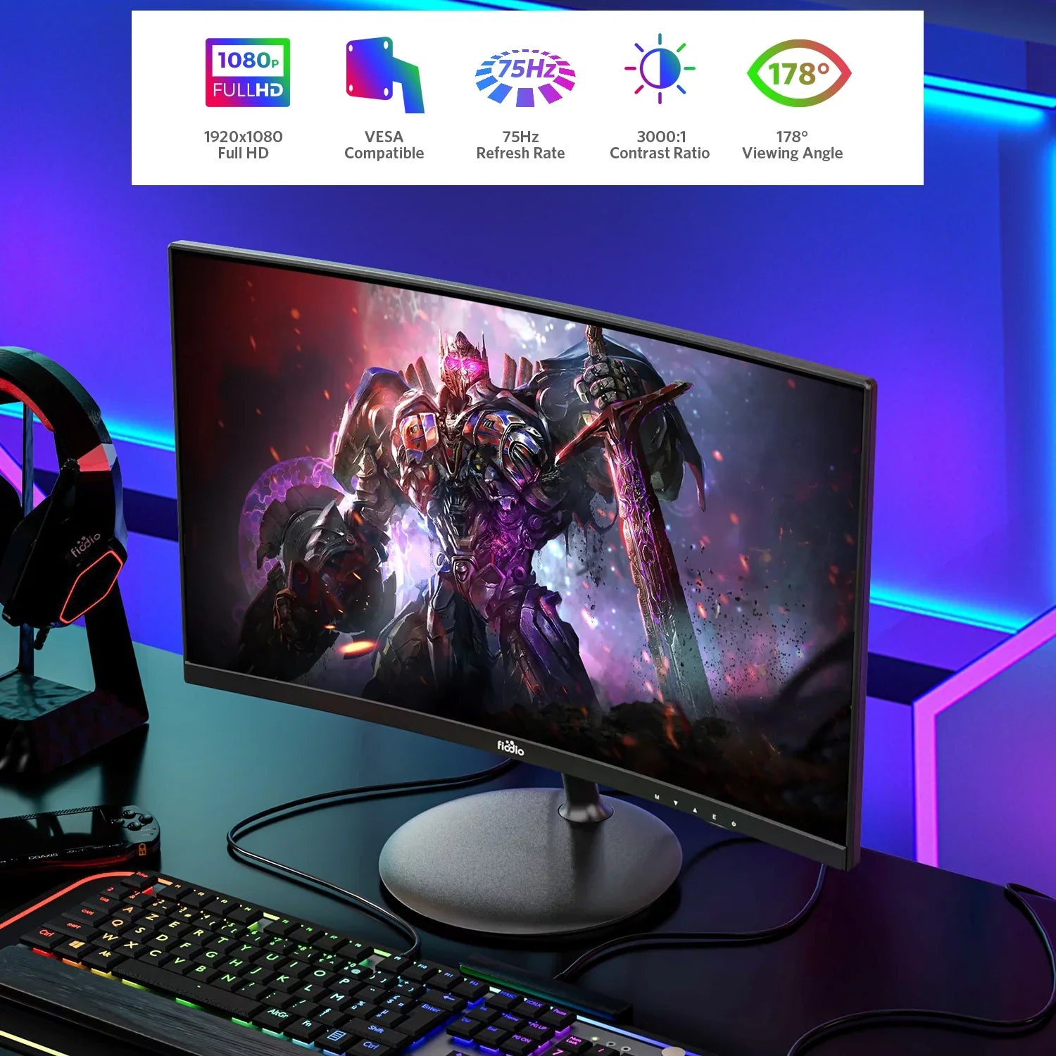 Refresh 24" Curved with HDMI Ready FHD Monitor Rate Fiodio Included) Ports VESA Wall 1080P 75Hz Cable VGA LED (HDMI Speakers, Mount