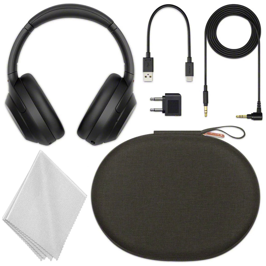 Connection WH-1000XM4 Type-C for Compact Cable, USB Wireless - Headphones Carry Plug Cloth Cable, Sony In-Flight Over-Ear Includes: Case & Microfiber Use, Noise-Canceling Adapter (Black) Cleaning