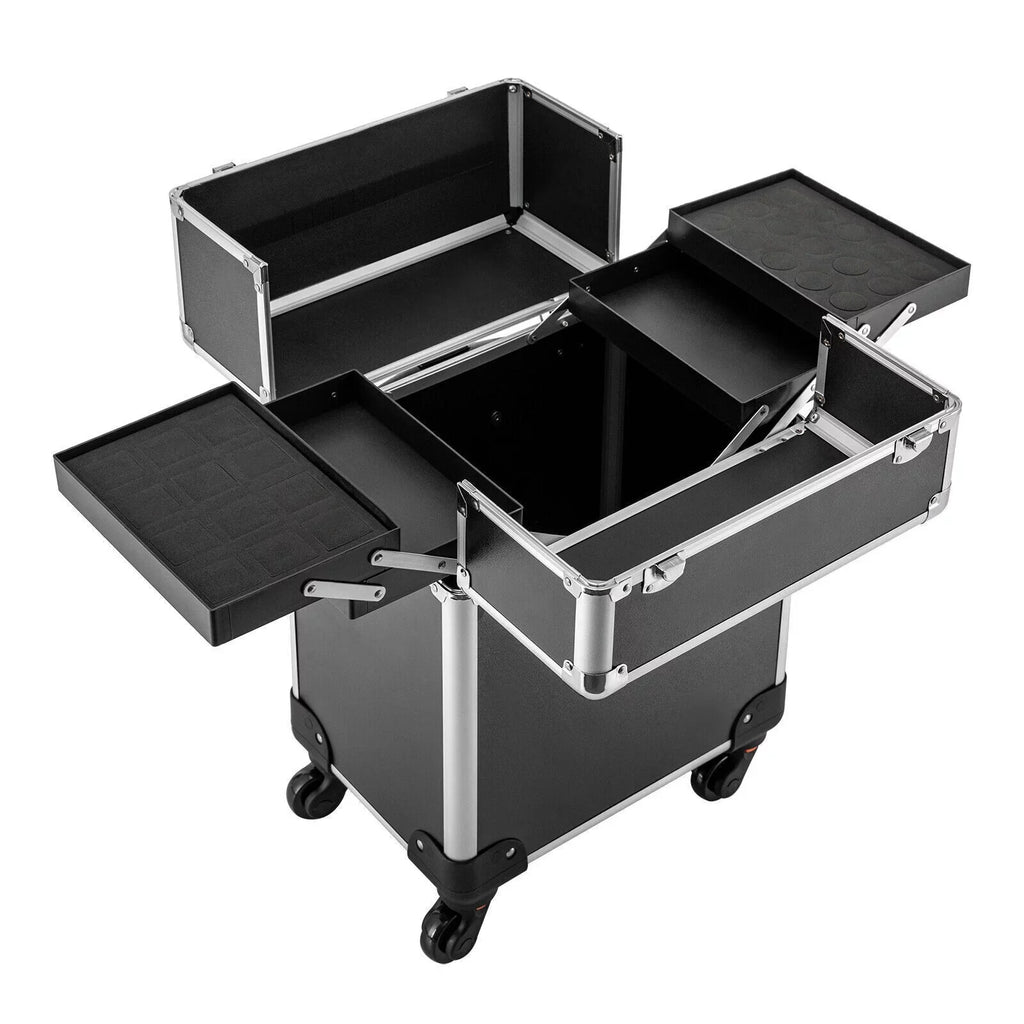 Rolling Cosmetic Case Beauty Hairdresser Wheels Organizer Tool Barber Salon Trunk Train Luggage (Black) Case Trolley, Box Makeup Nail Lockable Stylist Travel Swivel Cart with