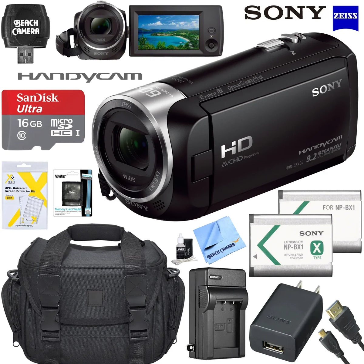 and HDMI More Recording Micro SD Video HD Cable Charger Card Battery with HDRCX405 Sony High Memory Spare Camcorder Bundle Handycam Speed