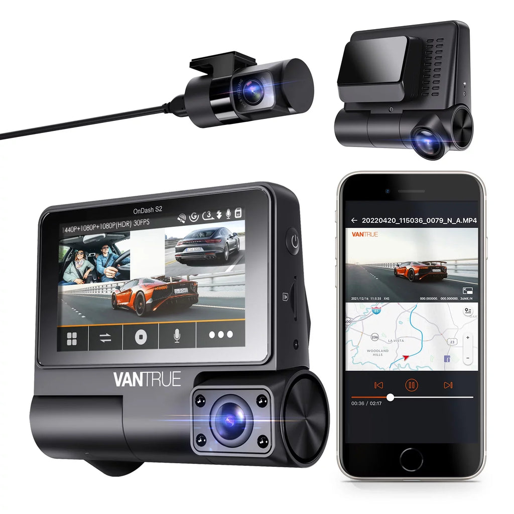 Supercapacitor Monitor, 30FPS 360° Wide S2 WiFi Dash 3 Vantrue Angle, +1080P 3 Screen IPS in, Parking built Car Camera with GPS Channel inch Touchable 2K Front+1080P Nearly Rear Cam, Interior 24h