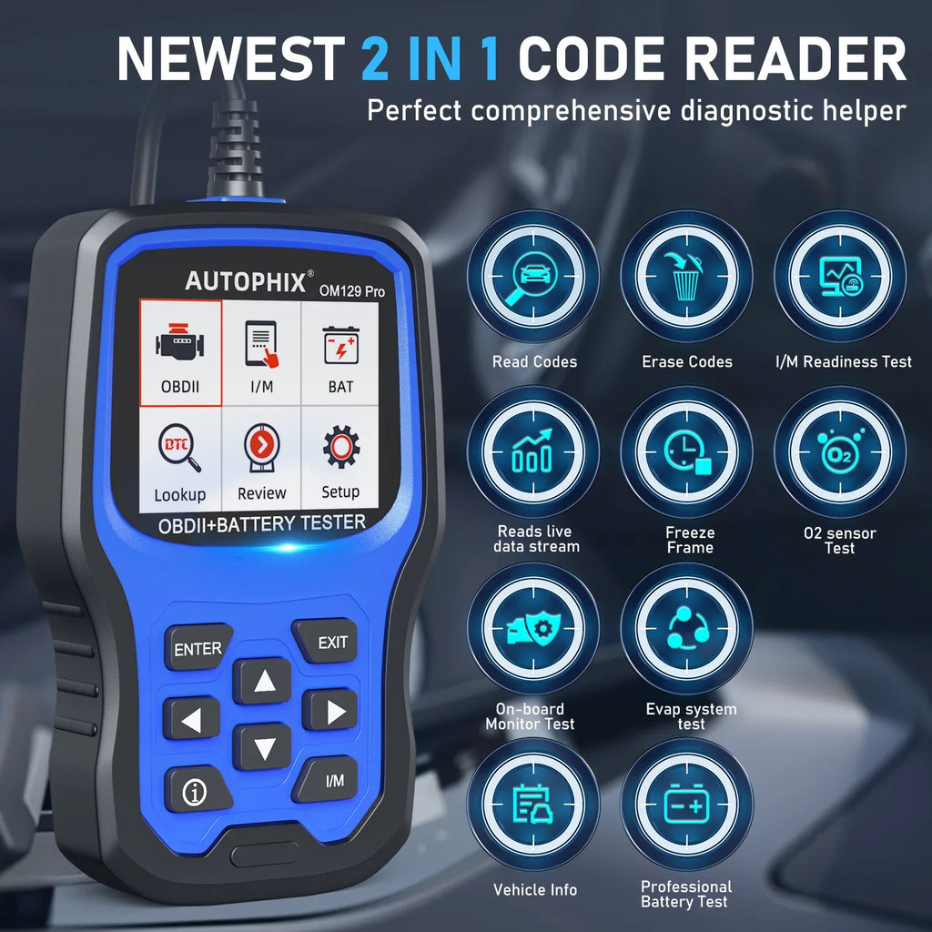 Charging Test Tester Tool Battery Auto Full Reader OBD Battery Scanner PRO in Function Automotive Engine 1 Cranking OM129 OBD2 Test Code OBD2 2 12V EOBD Scanner Analyzer Automotive Diagnostic AUTOPHIX