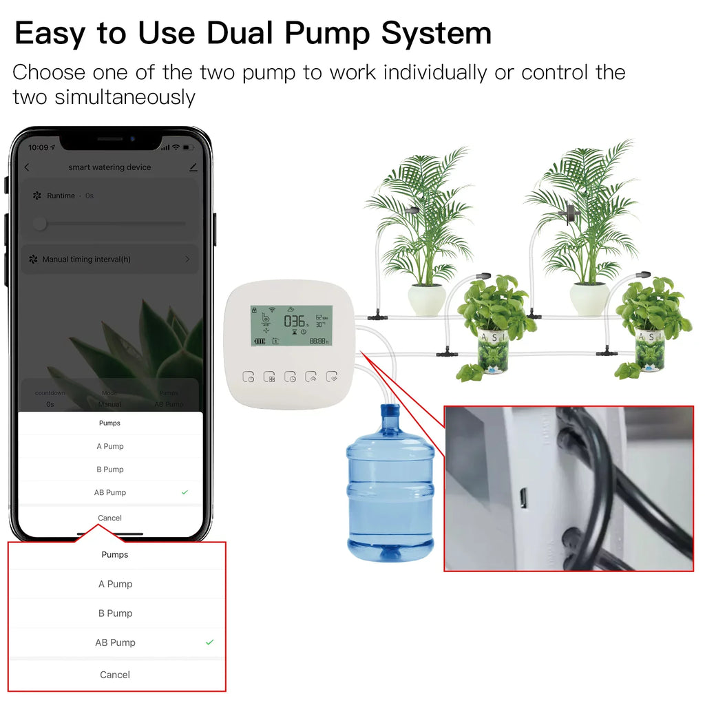 Pump System with Time Panel/ Programmable Watering Control Charging USB for Automatic Arealer WiFi/ Built-in Voice/ System Dual Manual Battery Solar Watering Home Compatible Device Watering Smart