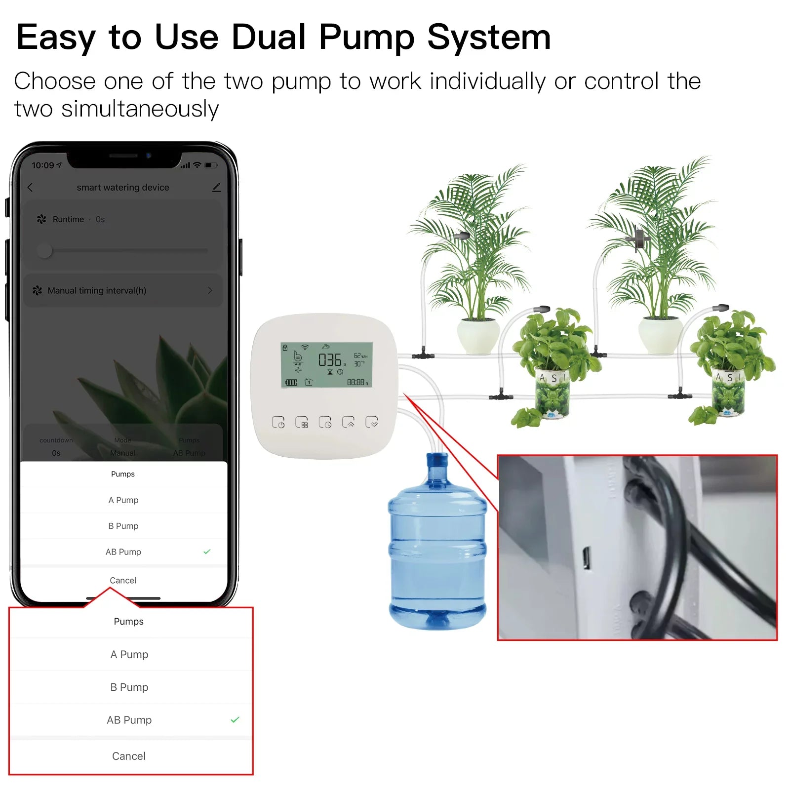 Pump System with Time Panel/ Programmable Watering Control Charging USB for Automatic Arealer WiFi/ Built-in Voice/ System Dual Manual Battery Solar Watering Home Compatible Device Watering Smart