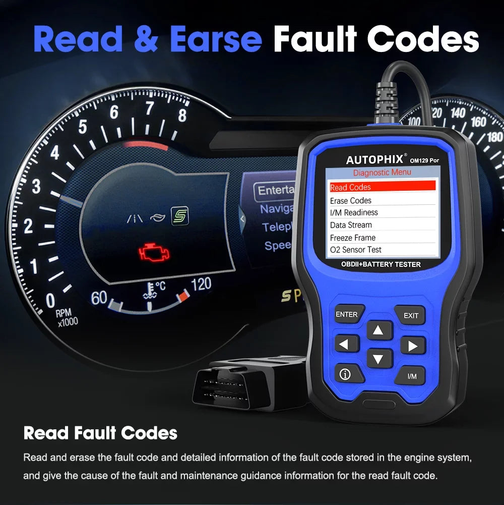 Charging Test Tester Tool Battery Auto Full Reader OBD Battery Scanner PRO in Function Automotive Engine 1 Cranking OM129 OBD2 Test Code OBD2 2 12V EOBD Scanner Analyzer Automotive Diagnostic AUTOPHIX