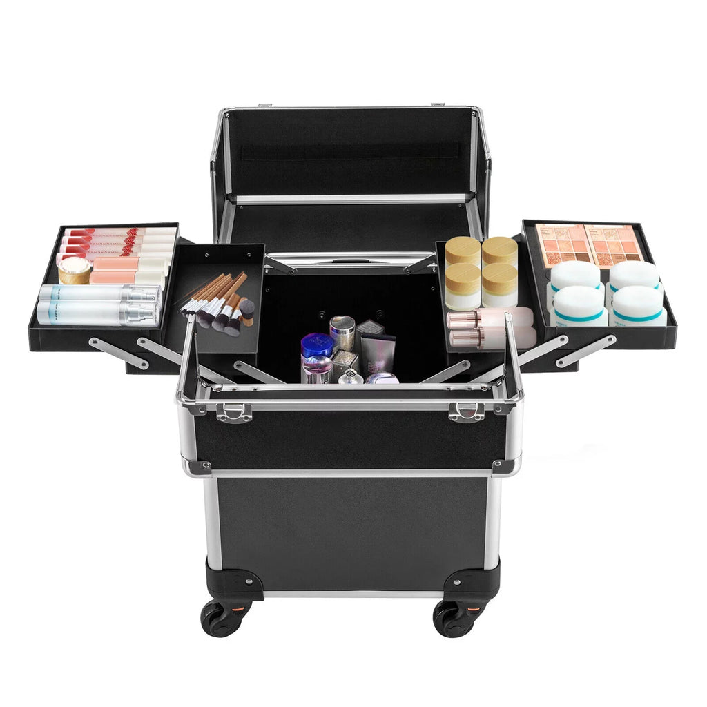 Rolling Cosmetic Case Beauty Hairdresser Wheels Organizer Tool Barber Salon Trunk Train Luggage (Black) Case Trolley, Box Makeup Nail Lockable Stylist Travel Swivel Cart with
