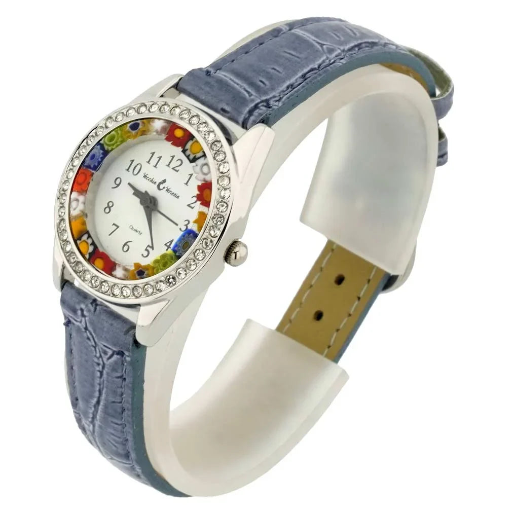 And With GlassOfVenice Blue Light Glass Millefiori Watch Murano Leather Band - Crystals