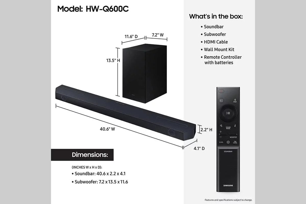 Atmos Subwoofer Soundbar 3.1.2ch with SOUNDBAR-MOUNT Compatible a Walts and 15lb Dolby with Samsung HW-Q600C for TV Soundbars Under (2023)