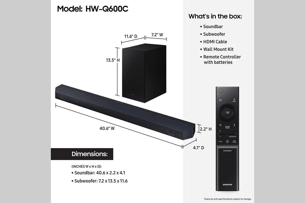 Atmos Subwoofer Soundbar 3.1.2ch with SOUNDBAR-MOUNT Compatible a Walts and 15lb Dolby with Samsung HW-Q600C for TV Soundbars Under (2023)